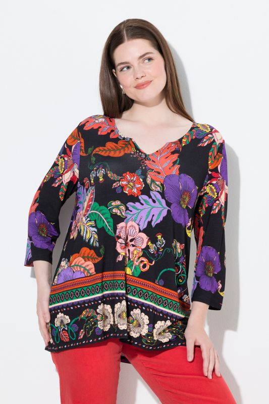 Country Floral Split Neck 3/4 Sleeve Tee