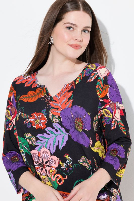 Country Floral Split Neck 3/4 Sleeve Tee