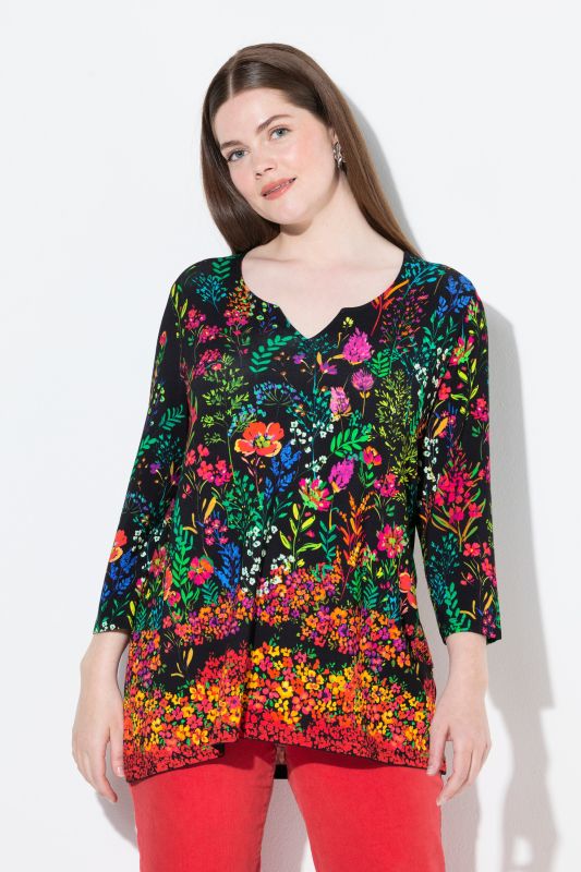 Country Floral Split Neck 3/4 Sleeve Tee