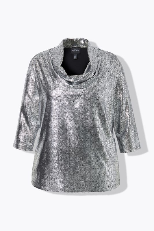 Metallic Cowl Neck 3/4 Sleeve Tee