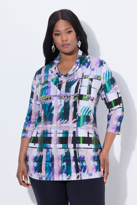 Checked Waterfall Neckline 3/4 Sleeve Slinky Top