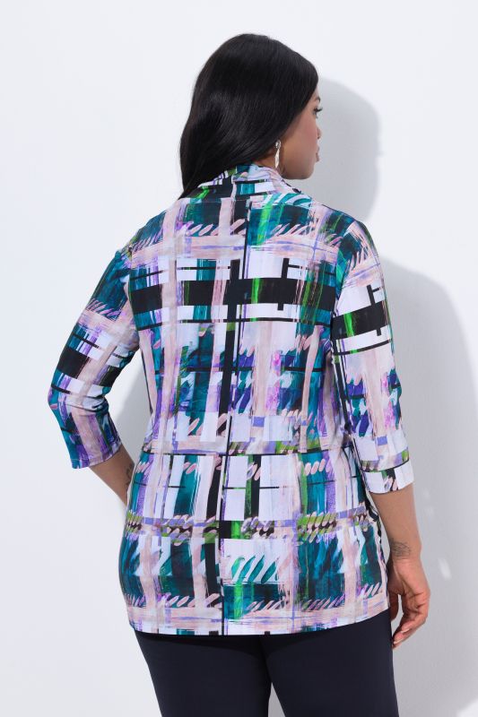 Checked Waterfall Neckline 3/4 Sleeve Slinky Top