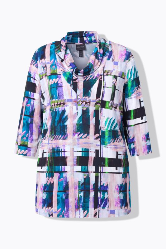 Checked Waterfall Neckline 3/4 Sleeve Slinky Top