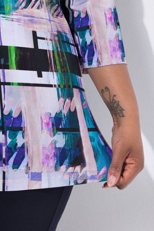 Checked Waterfall Neckline 3/4 Sleeve Slinky Top