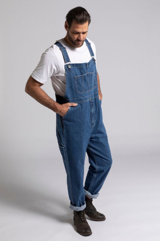 Dungarees, denim, many pockets, elastic inserts, relaxed fit