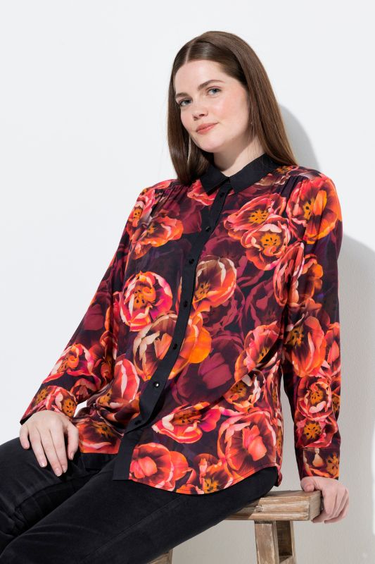 Rose Print Long Sleeve Viscose Button-Down Shirt