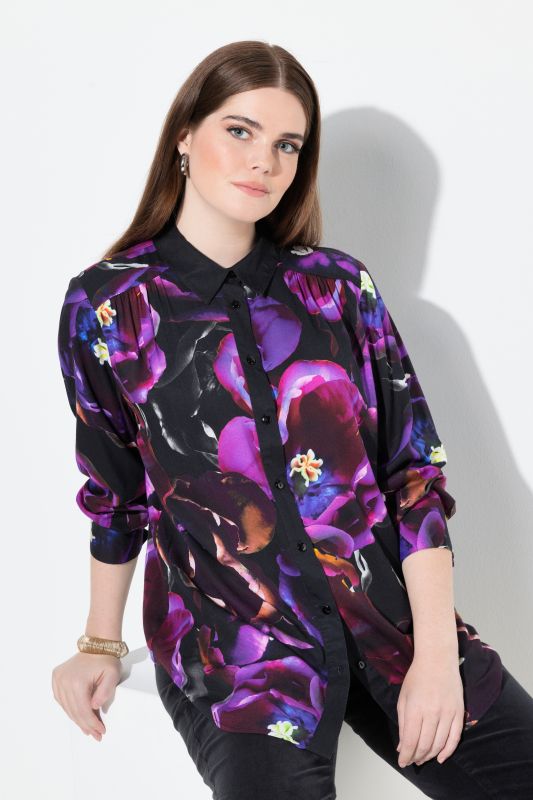 Rose Print Long Sleeve Viscose Button-Down Shirt