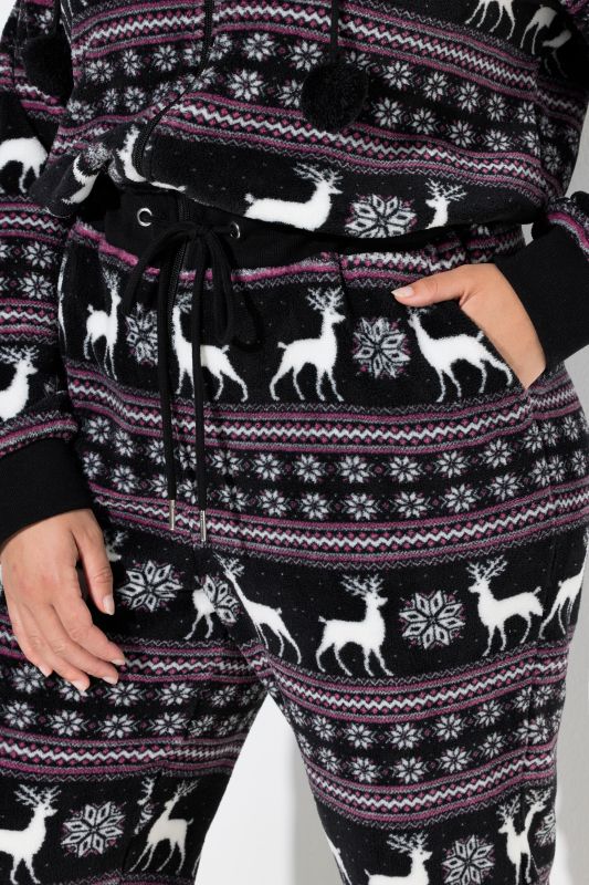 Nordic Print Zip Front Stretch Plush Lounge Jumpsuit