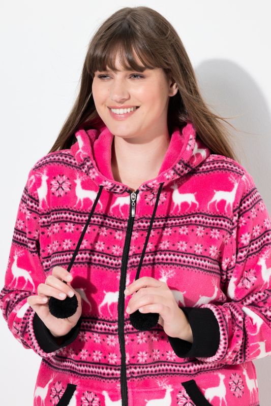 Nordic Stripe Print Zip Front Hooded Plush Lounge Jacket