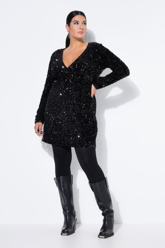 Sequined Wrap Look Long Sleeve V-Neck Dress