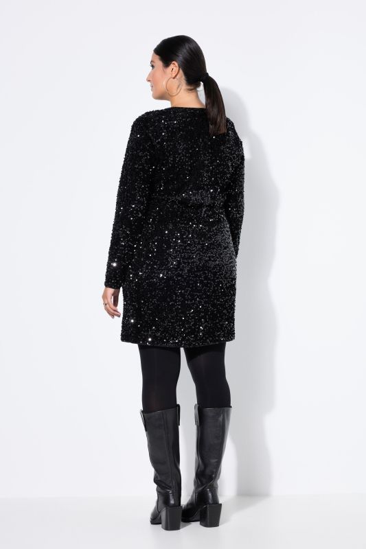 Sequined Wrap Look Long Sleeve V-Neck Dress