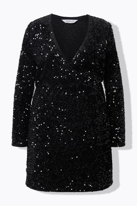 Sequined Wrap Look Long Sleeve V-Neck Dress