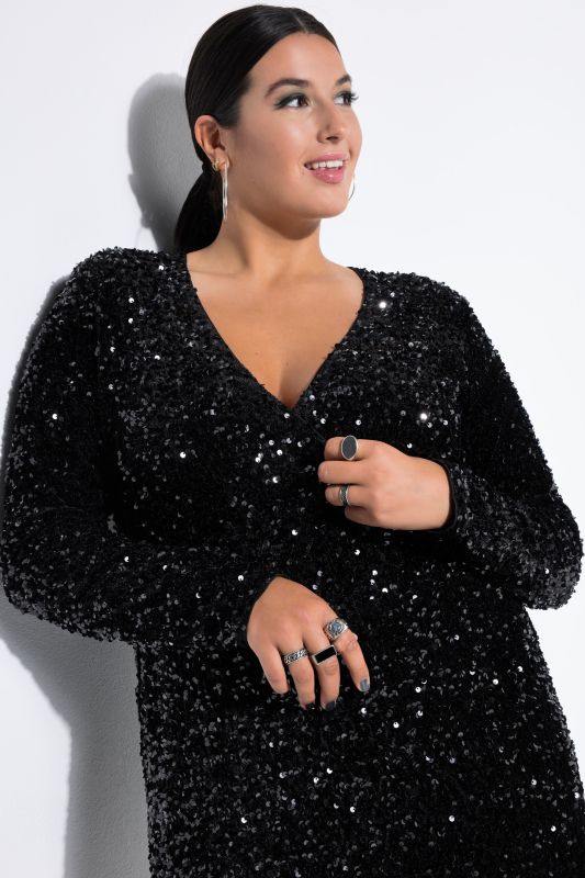 Sequined Wrap Look Long Sleeve V-Neck Dress