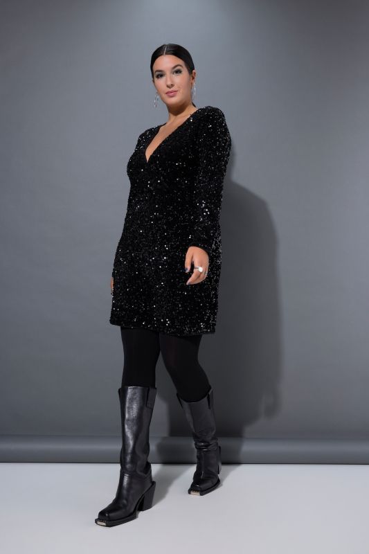 Sequined Wrap Look Long Sleeve V-Neck Dress