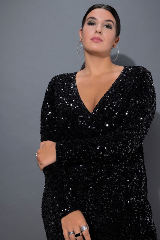 Sequined Wrap Look Long Sleeve V-Neck Dress