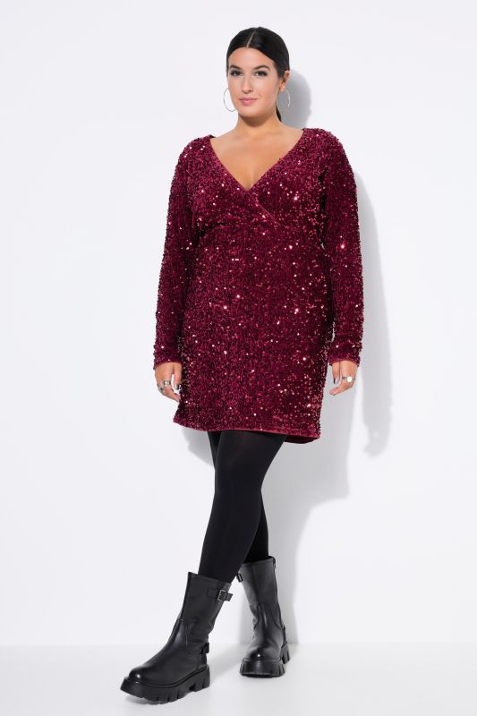 Sequined Wrap Look Long Sleeve V-Neck Dress