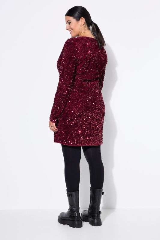 Sequined Wrap Look Long Sleeve V-Neck Dress
