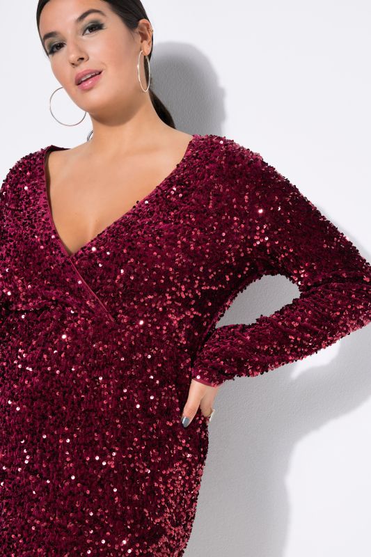 Sequined Wrap Look Long Sleeve V-Neck Dress