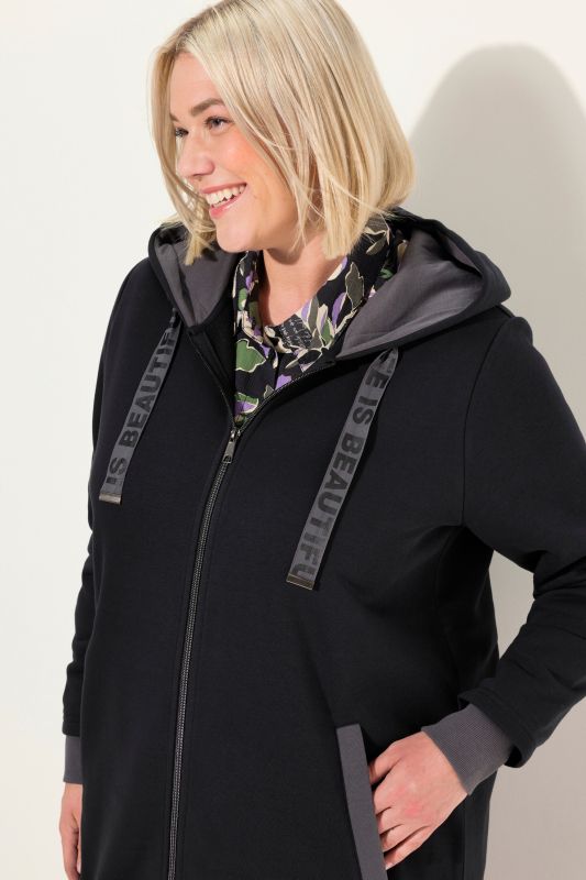 Zip Front Hooded Long Tunic Sweatshirt