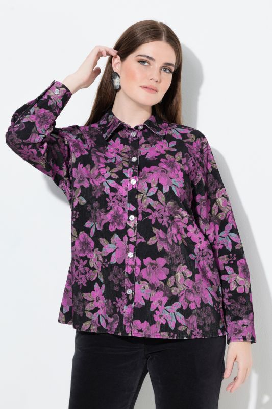Floral Print Long Sleeve Corduroy Blouse