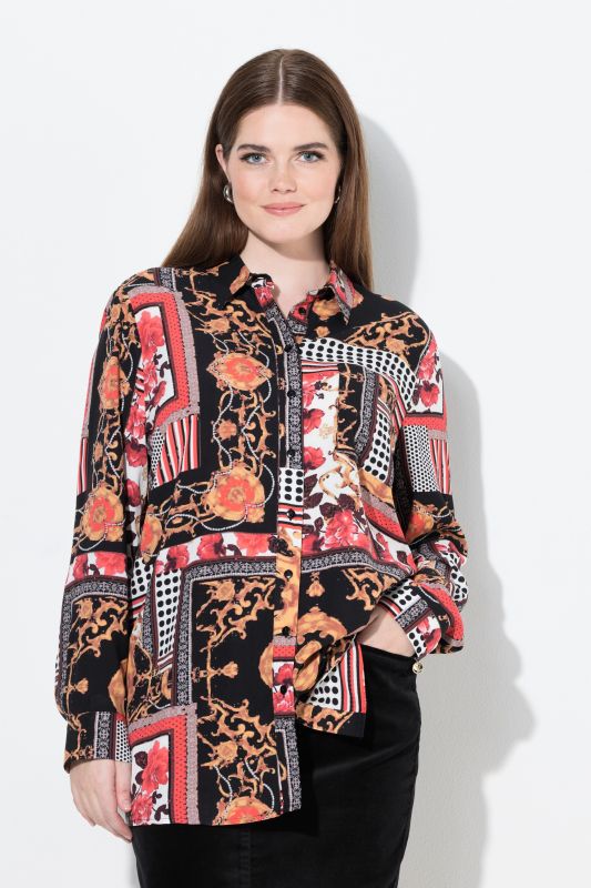 Mixed Country House Pattern Long Sleeve Button-Down Blouse