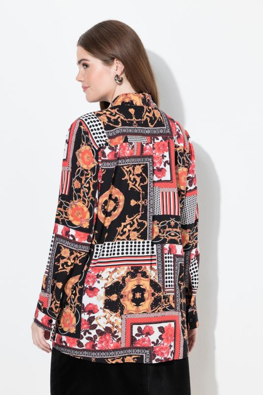 Mixed Country House Pattern Long Sleeve Button-Down Blouse