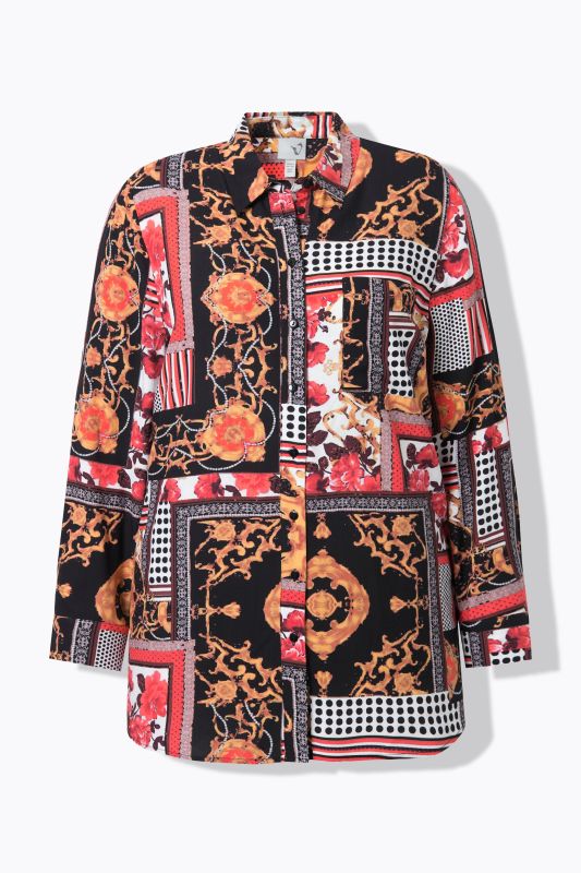 Mixed Country House Pattern Long Sleeve Button-Down Blouse