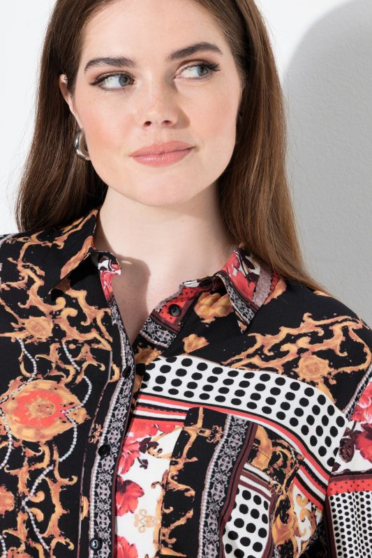 Mixed Country House Pattern Long Sleeve Button-Down Blouse