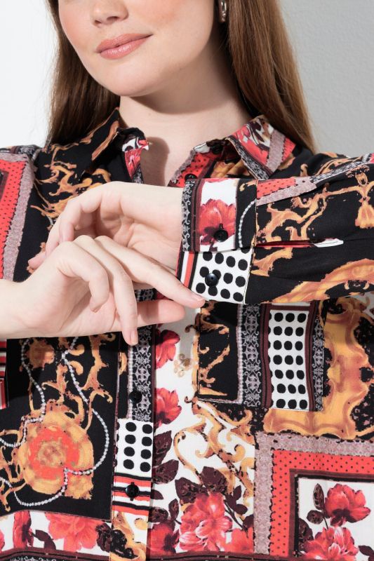 Mixed Country House Pattern Long Sleeve Button-Down Blouse