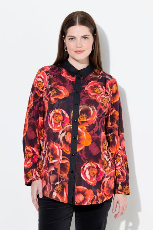 Rose Print Long Sleeve Viscose Button-Down Shirt