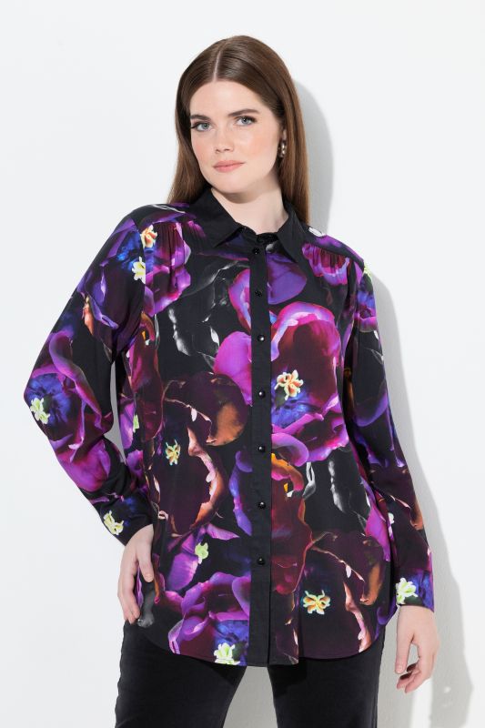 Rose Print Long Sleeve Viscose Button-Down Shirt