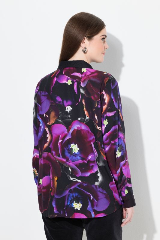 Rose Print Long Sleeve Viscose Button-Down Shirt