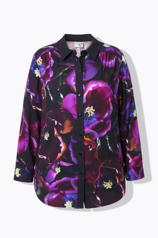 Rose Print Long Sleeve Viscose Button-Down Shirt