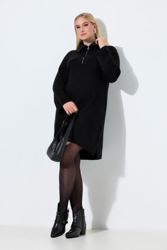 Ribbed Knit Long Sleeve Troyer Collar Dress