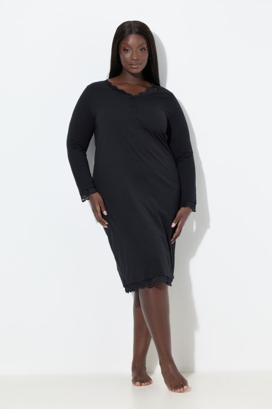 Lace Trim Long Sleeve V-Neck Nightgown