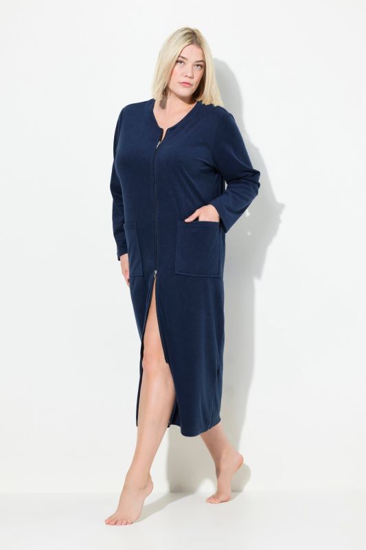 Long Zip Front Cotton Blend Terry Bathrobe