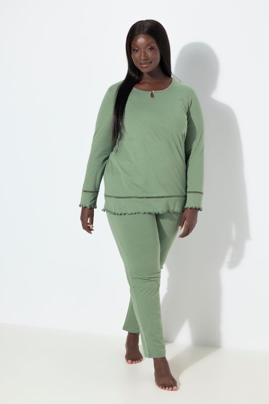 Ladder Lace Trim Lettuce Edge Cotton Knit Pajama Set