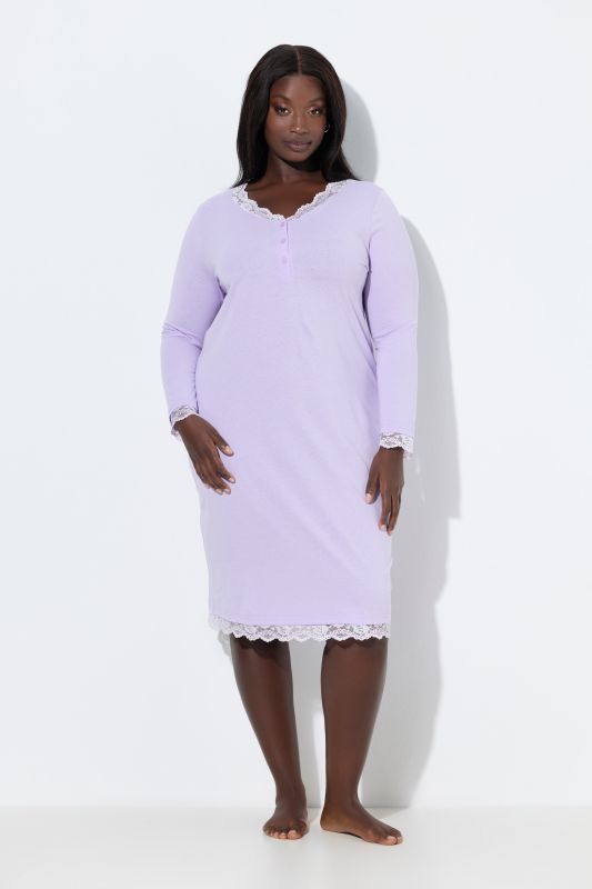 Lace Trim Long Sleeve V-Neck Nightgown