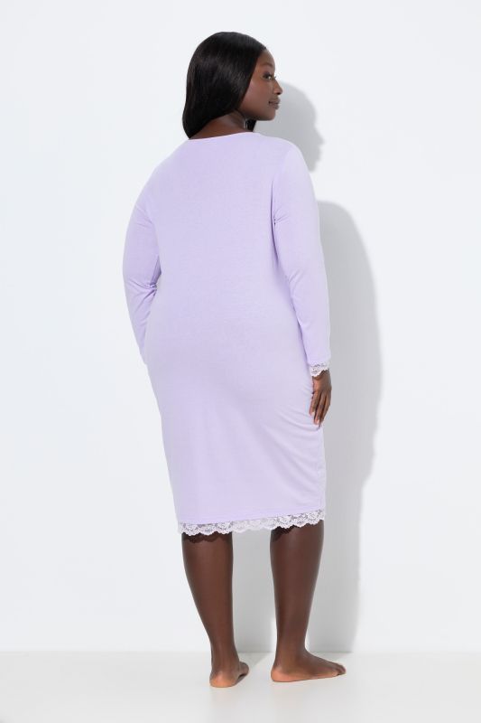 Lace Trim Long Sleeve V-Neck Nightgown