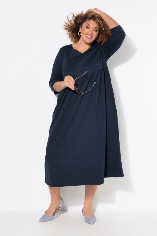 Cotton Knit V-Neck Empire A-line Pocket Dress