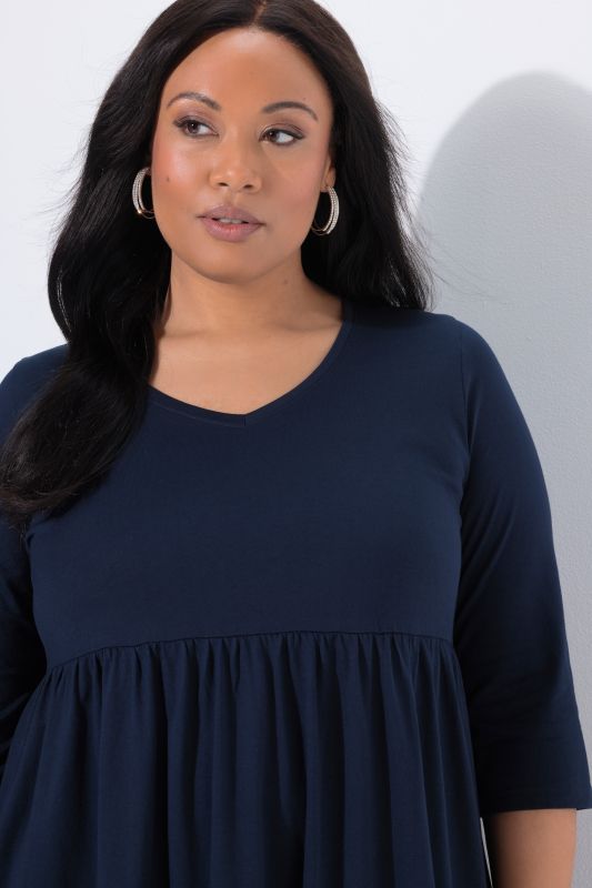 Cotton Knit V-Neck Empire A-line Pocket Dress