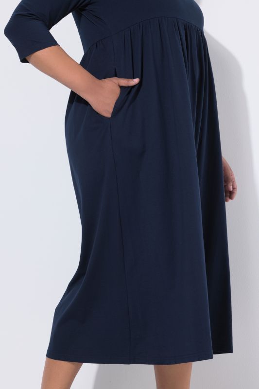 Cotton Knit V-Neck Empire A-line Pocket Dress