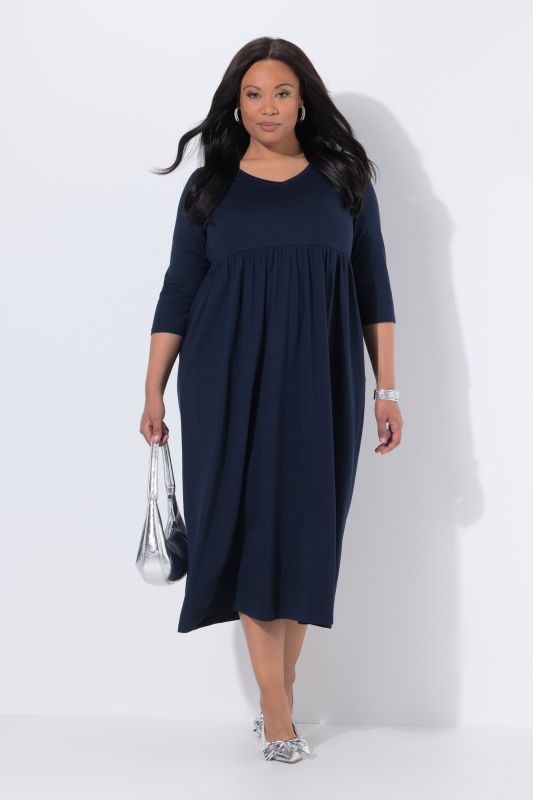 Cotton Knit V-Neck Empire A-line Pocket Dress