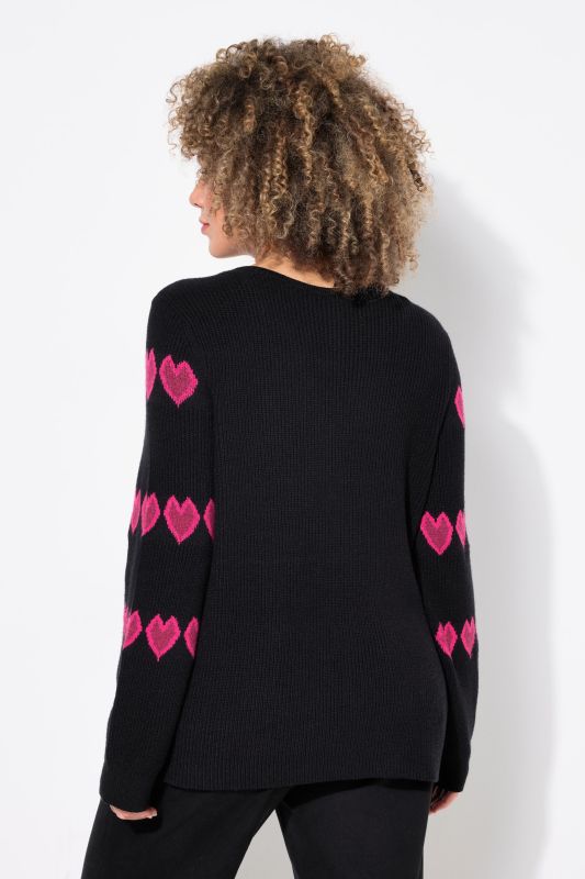 Heart Print Long Sleeve V-Neck Sweater