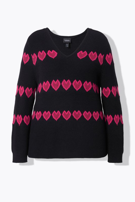 Heart Print Long Sleeve V-Neck Sweater
