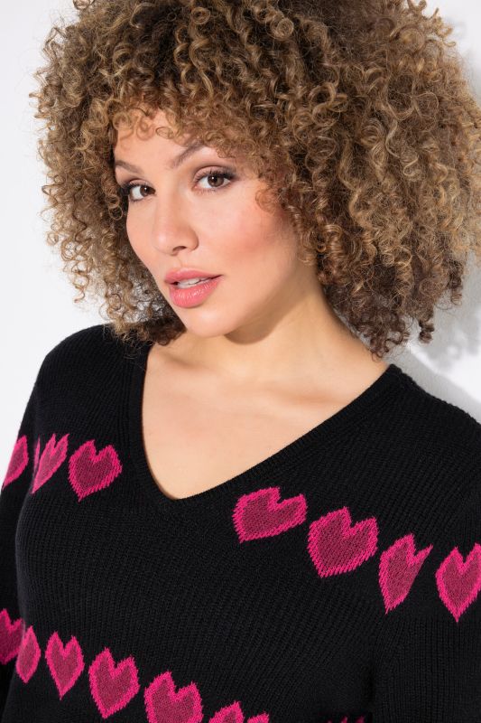 Heart Print Long Sleeve V-Neck Sweater