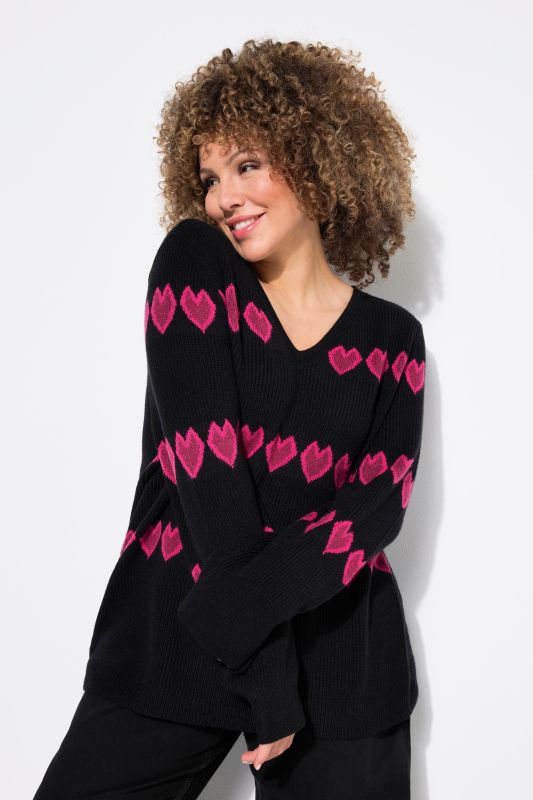 Heart Print Long Sleeve V-Neck Sweater