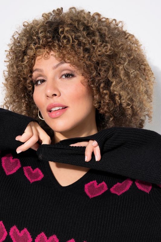 Heart Print Long Sleeve V-Neck Sweater