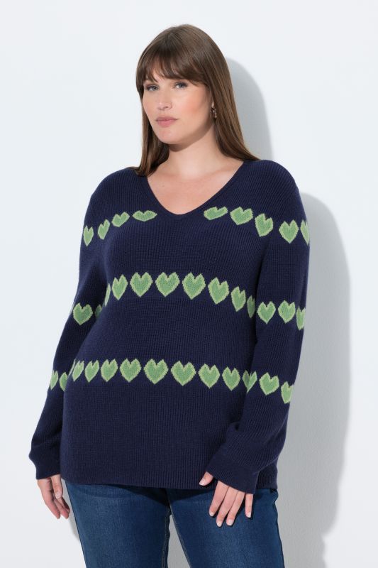 Heart Print Long Sleeve V-Neck Sweater