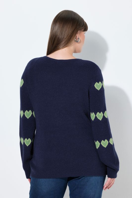 Heart Print Long Sleeve V-Neck Sweater